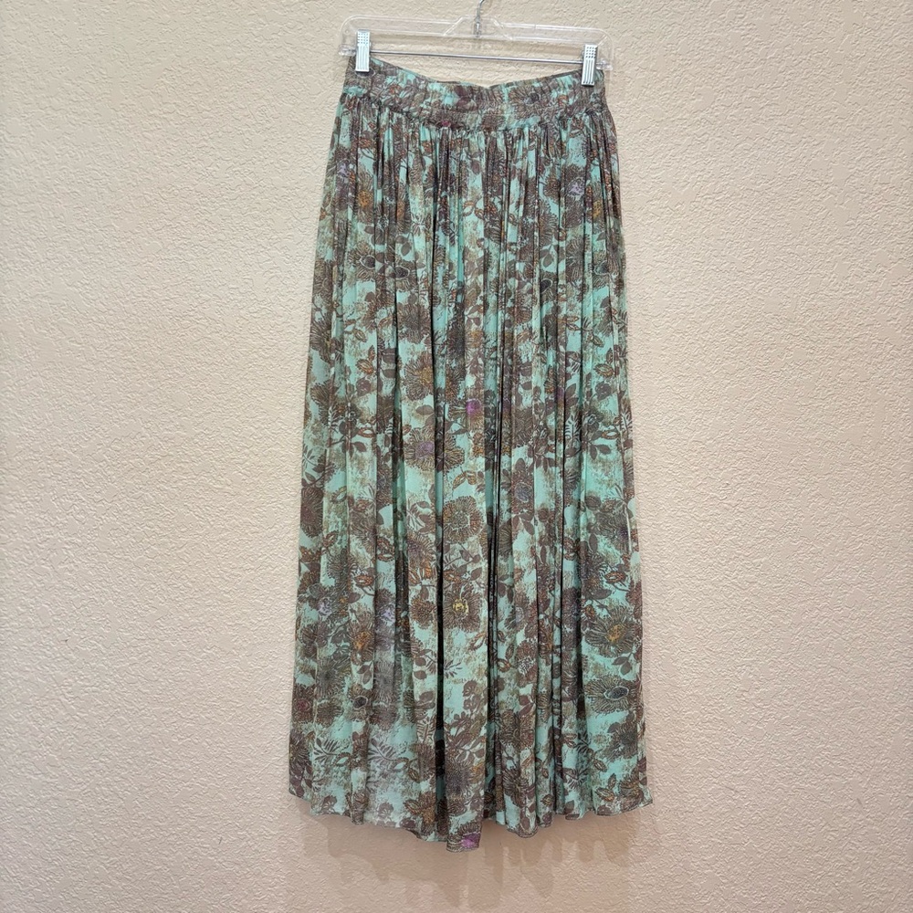 Sundance Floral Midi Skirt in Mint and Brown